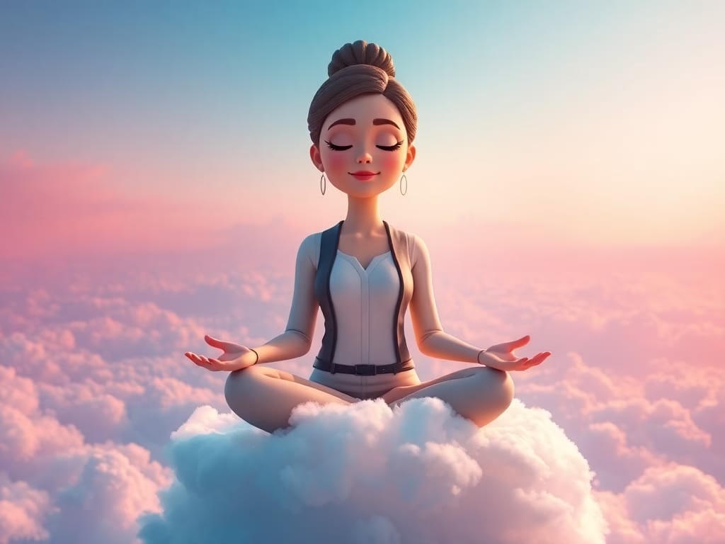 3D cartoon character career woman meditating in peace above the world 