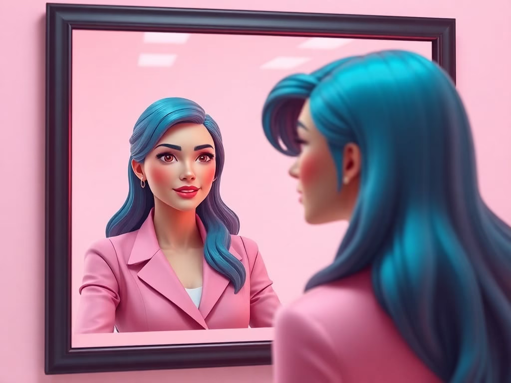 a career woman seeing a stronger version of herself in the mirror, symbolising personal growth.
