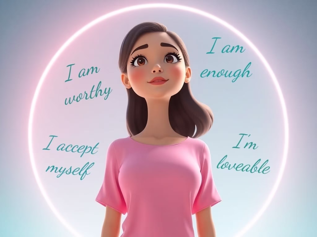 Person glowing with inner peace and words of self-worth
Caption: Self-worth is not earned—it’s remembered.