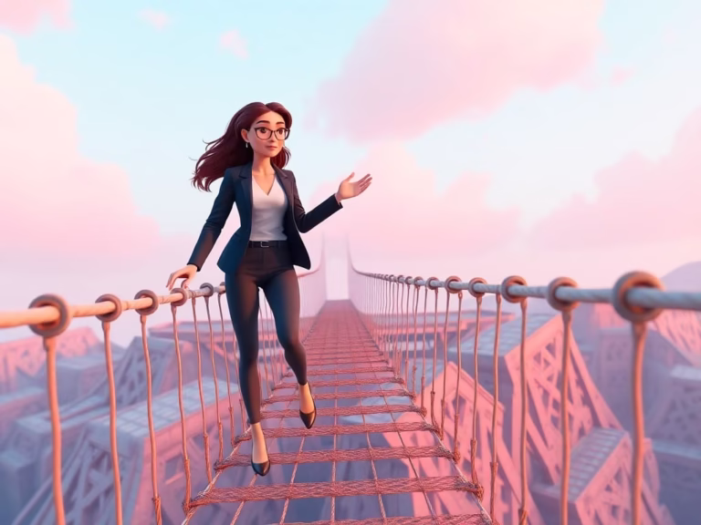 illustration of new manager crossing a rope bridge with courage, representing stepping out of your comfort zone.