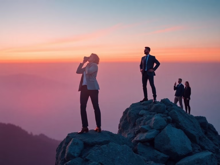Business leader looking ahead from mountain peak symbolizing vision and future direction.