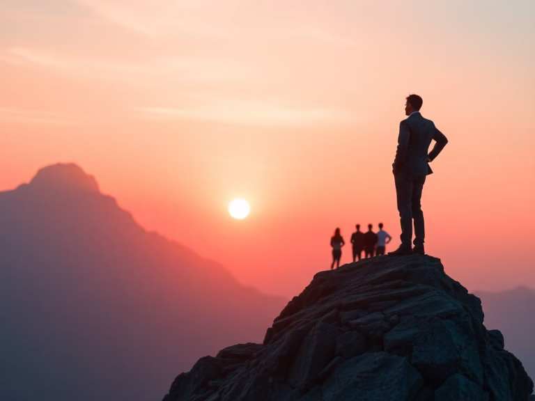 Business leader looking ahead from mountain peak symbolising vision and future direction.