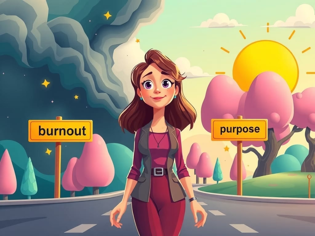 illustration of a working woman woman standing at a crossroads: one path leading to burnout, the other to empowerment.