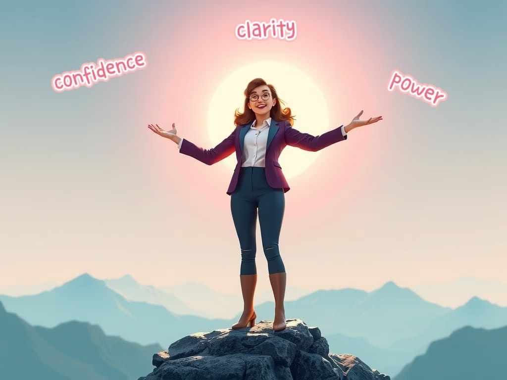 Confident person standing on a mountain peak embracing a new empowered identity after overcoming self sabotage.