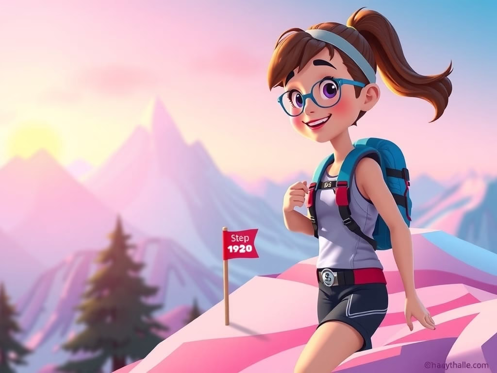 illustration of a woman woman climbing Everest mountain with goal milestones