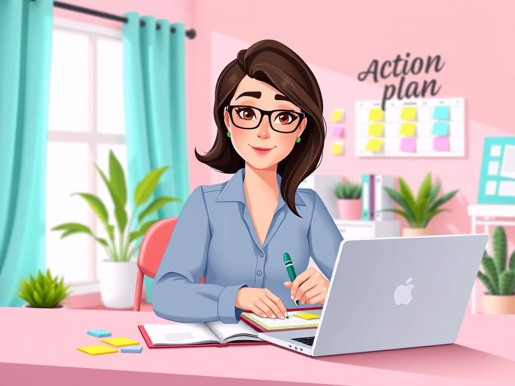 illustration of a professional career woman creating a goal-setting action plan with sticky notes and a calendar.