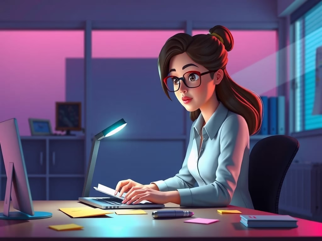 illustration of a female executive working late, showing determination and discipline.