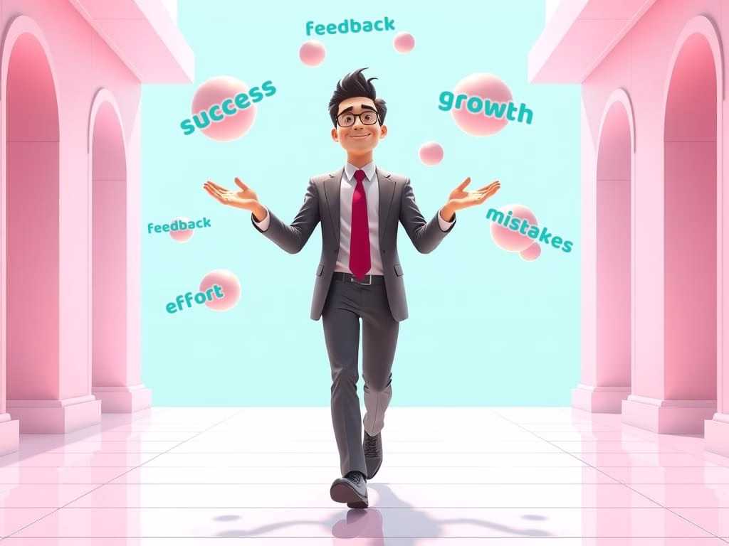 illustration of a senior manager juggling effort and growth elements toward success