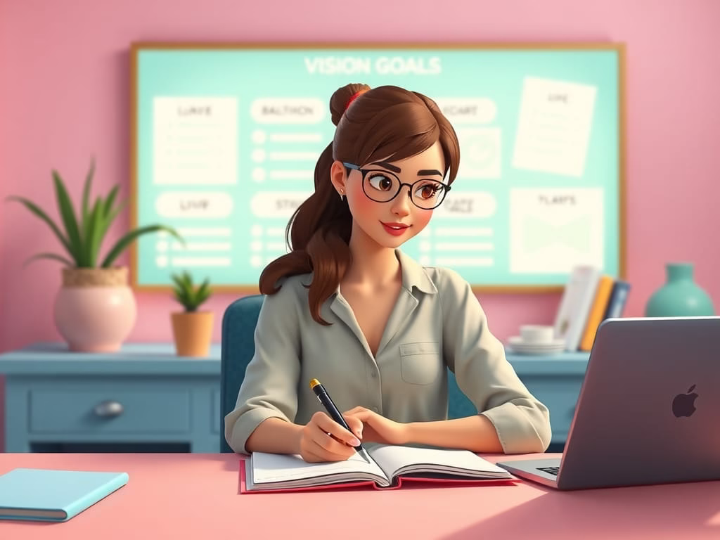 illustration of a career woman setting financial goals and planning for future life stability