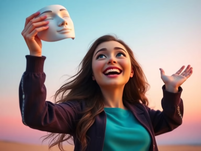 A woman joyfully tossing a paper mask into the air, symbolising letting go of imposter syndrome and embracing her authentic self