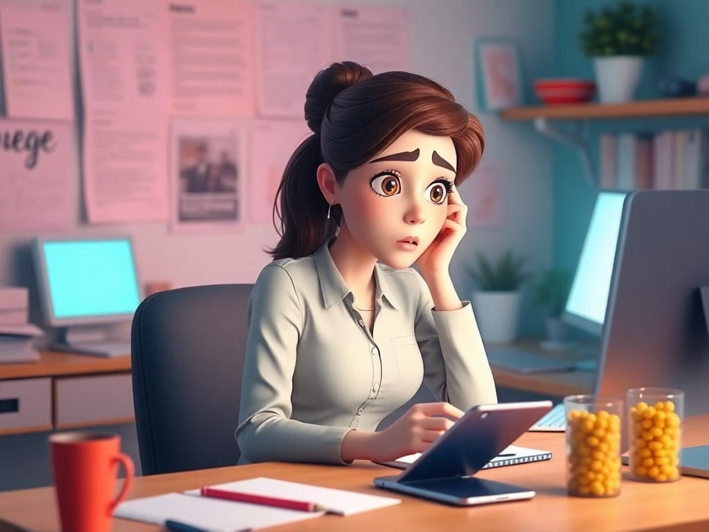 illustration of a professional woman overwhelmed by perfectionism, anxious at desk with glowing screens.