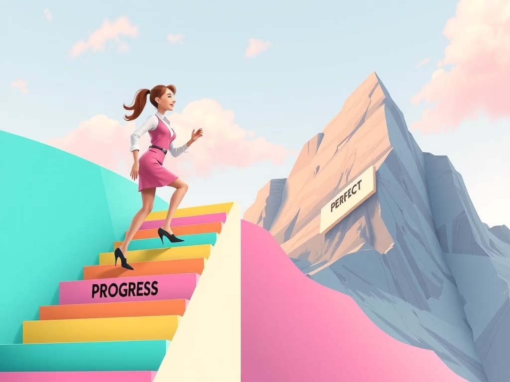 illustration of a high achieving professional climbing stairs of progress instead of mountain of perfection.