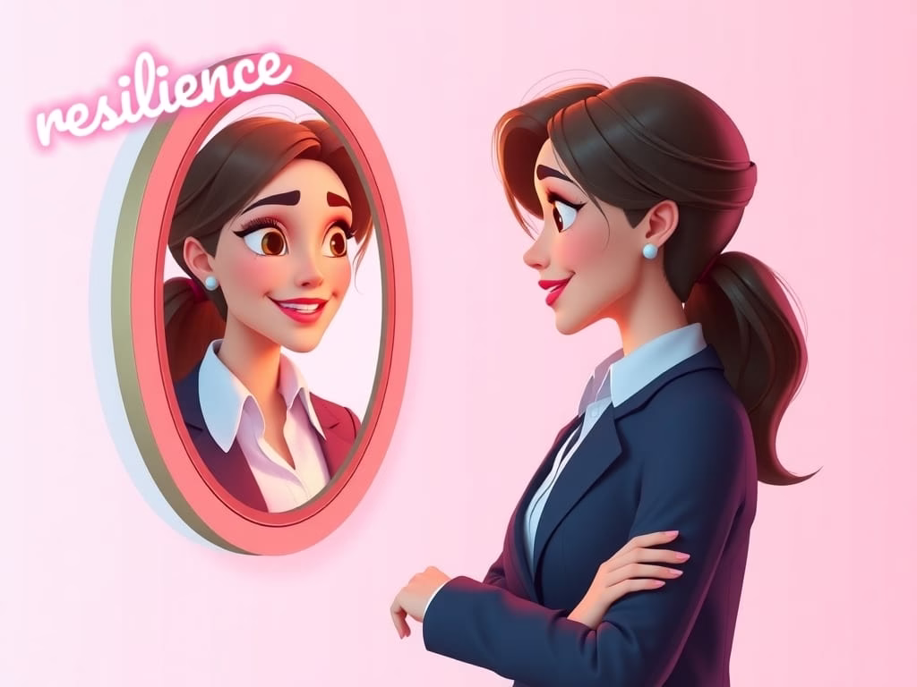 illustration of a senior leader woman seeing resilient version of herself in the mirror
