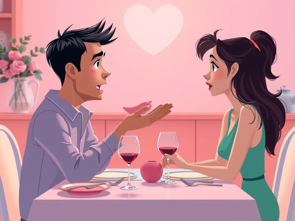 Person turning away from a loving partner at a dinner table, symbolising relationship self sabotage. Caption: Self-sabotage in relationships often shows up as fear of love, trust, or vulnerability.
