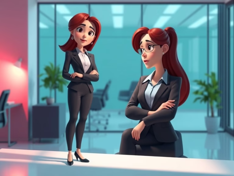 Illustration of a business woman standing strong with a shadow that shows insecurity, symbolising imposter syndrome in women leaders.