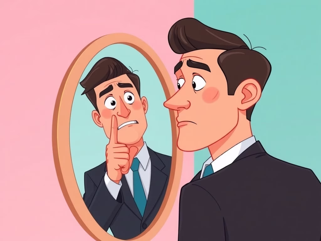 illustration of a working professional man facing his harsh inner critic in the mirror, symbolising self-oriented perfectionism.
