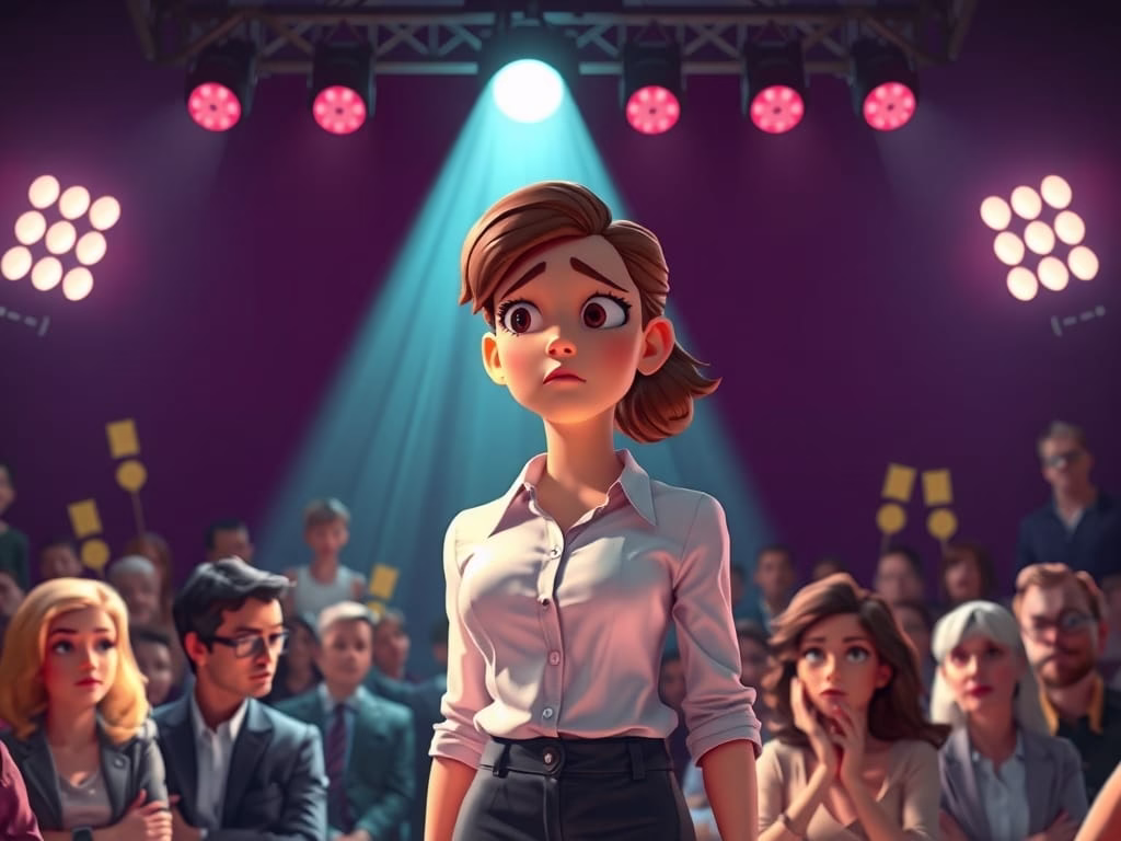 illustration of a professional woman under pressure of judgmental audience, symbolising socially prescribed perfectionism.