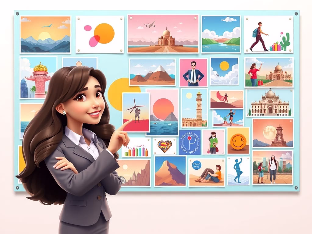 illustration of a career woman using a vision board to stay focused on life goals