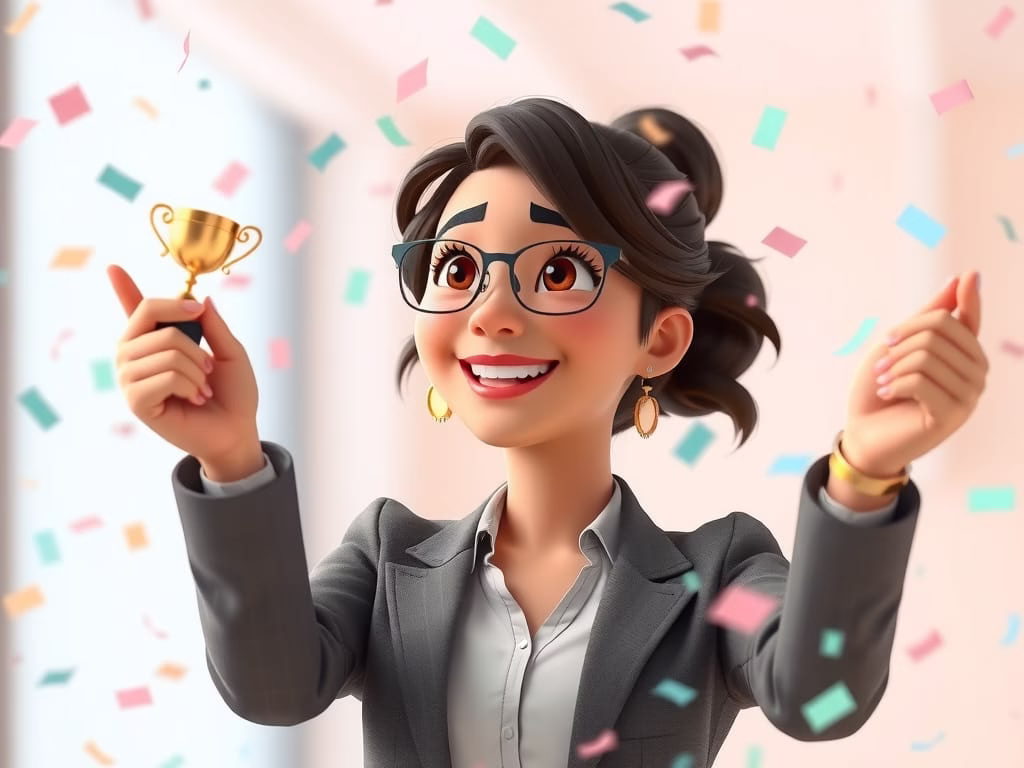 Confident career woman holding a small trophy, symbolising achievement, self-belief, and rising visibility for high-achieving professionals in 2026
