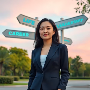 A career woman standing at a crossroads in a peaceful park with pastel signposts pointing toward Life, Career, Wellness, and Leadership