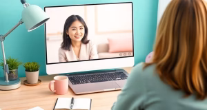 Realistic image of a home office desk with a laptop showing a video call. One coach is speaking on screen while the viewer sits at the desk, seen from behind.3