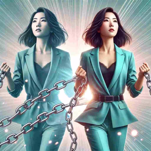 a woman breaking free from chains of self-doubts on both hands, symbolizing life coaching empowerment and transformation