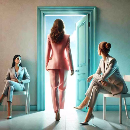 one woman walking towards an open door, two woman seated and just watching, represent a leader who take actions and seek personal development and others who are just bystanders.